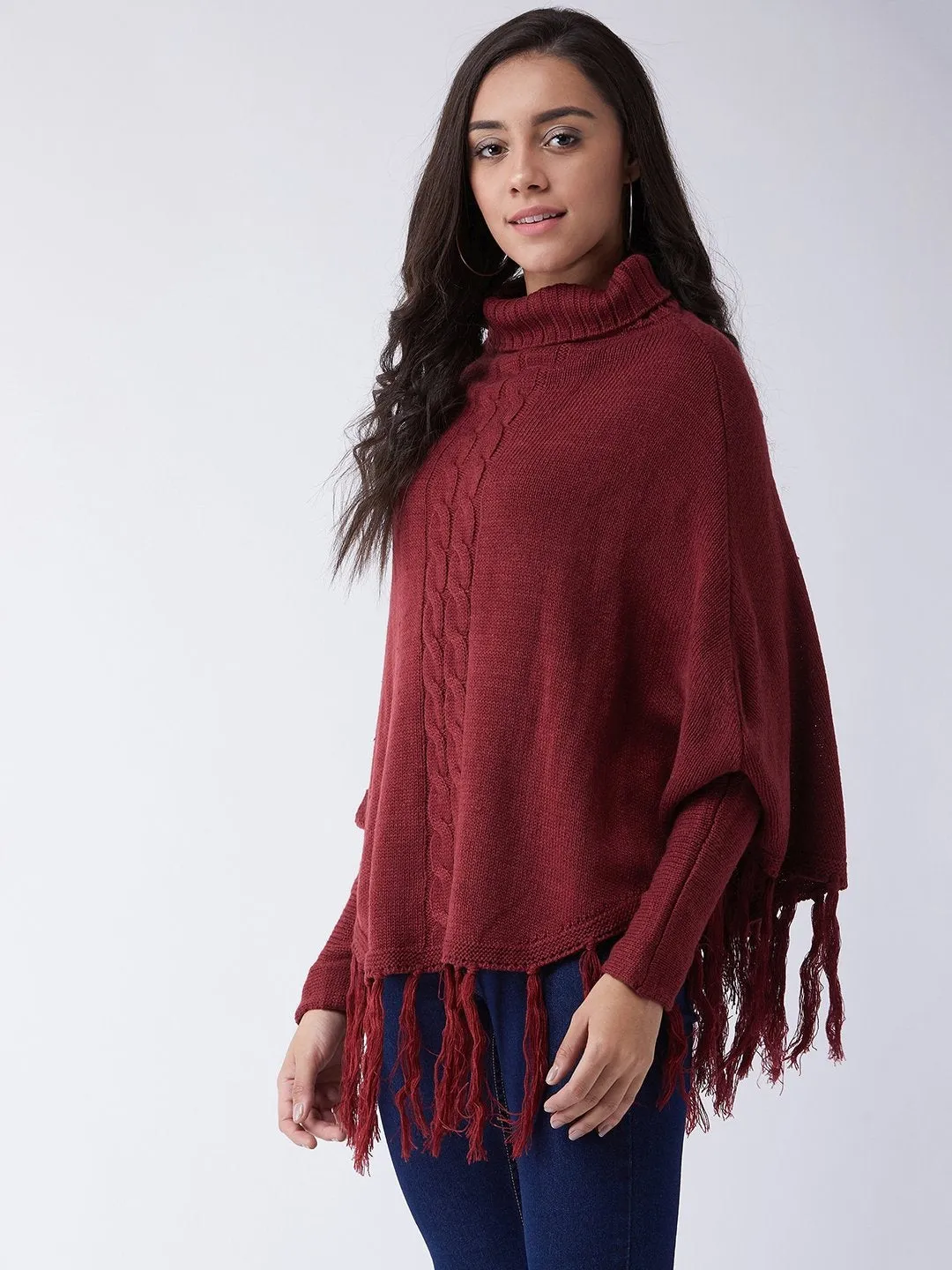 Maroon High Neck Poncho