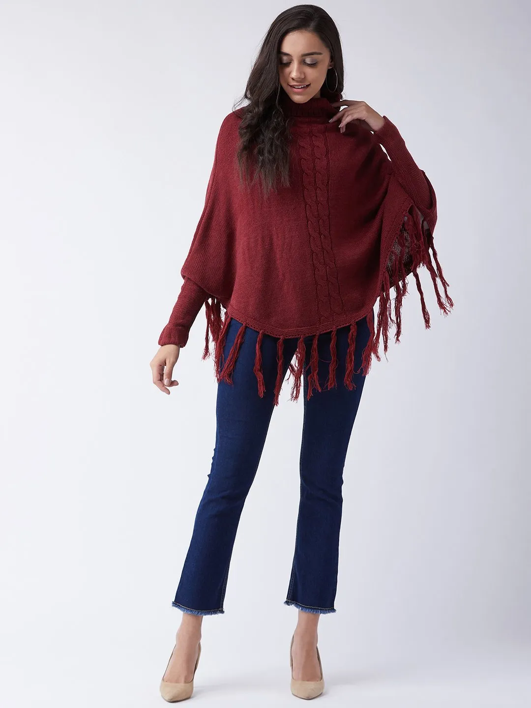 Maroon High Neck Poncho