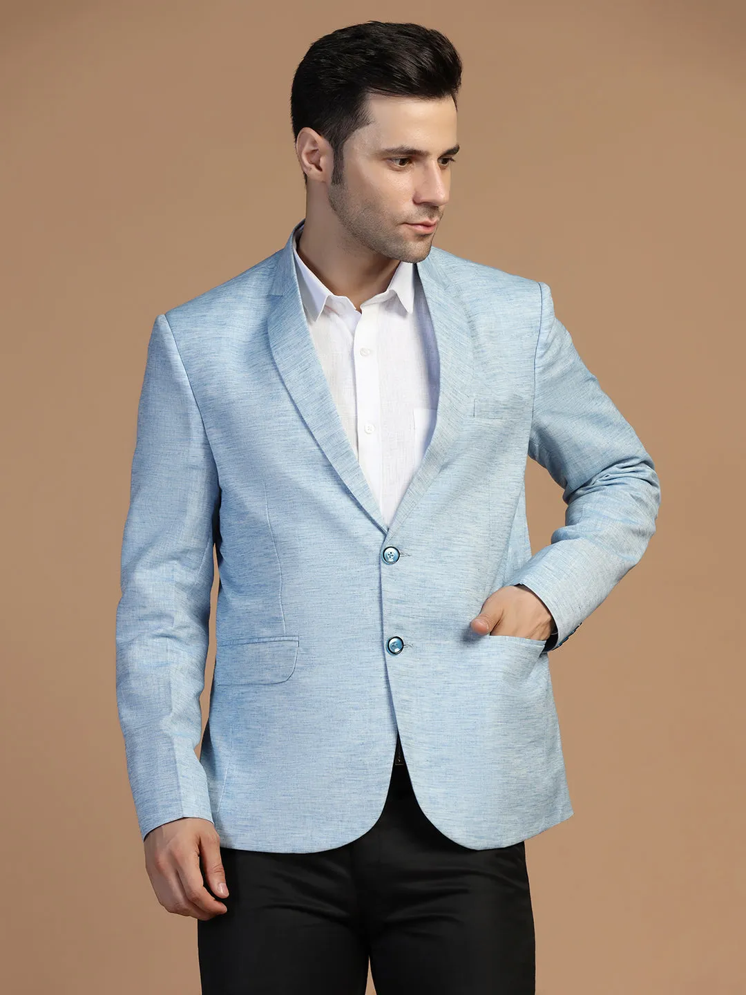 Men Blue Linen Blazer