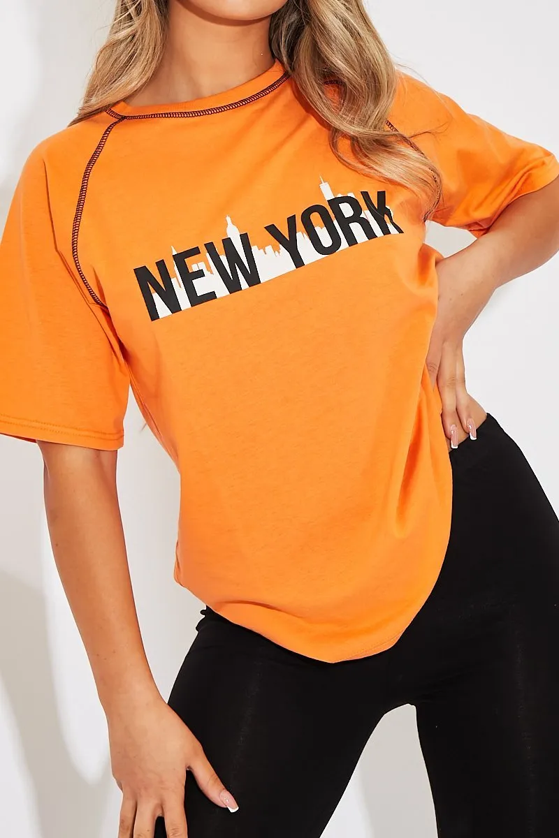 Orange New York Printed Slogan T-shirt - Lellie