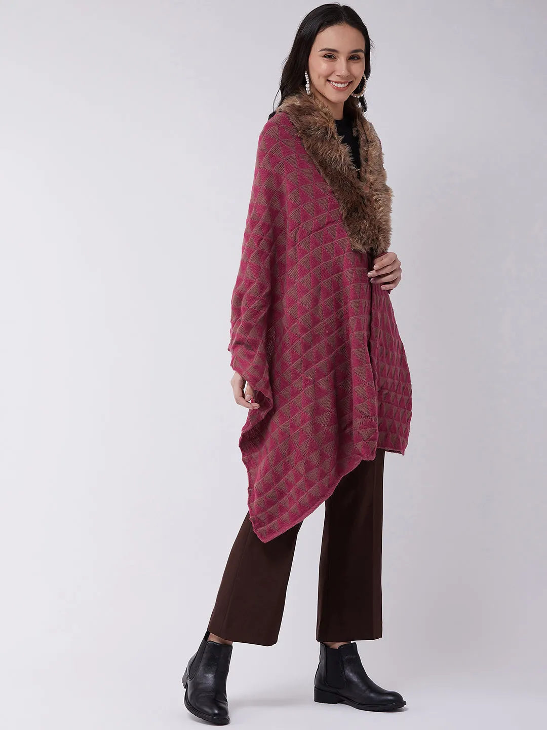 Pink Geometric Faux Fur Cape