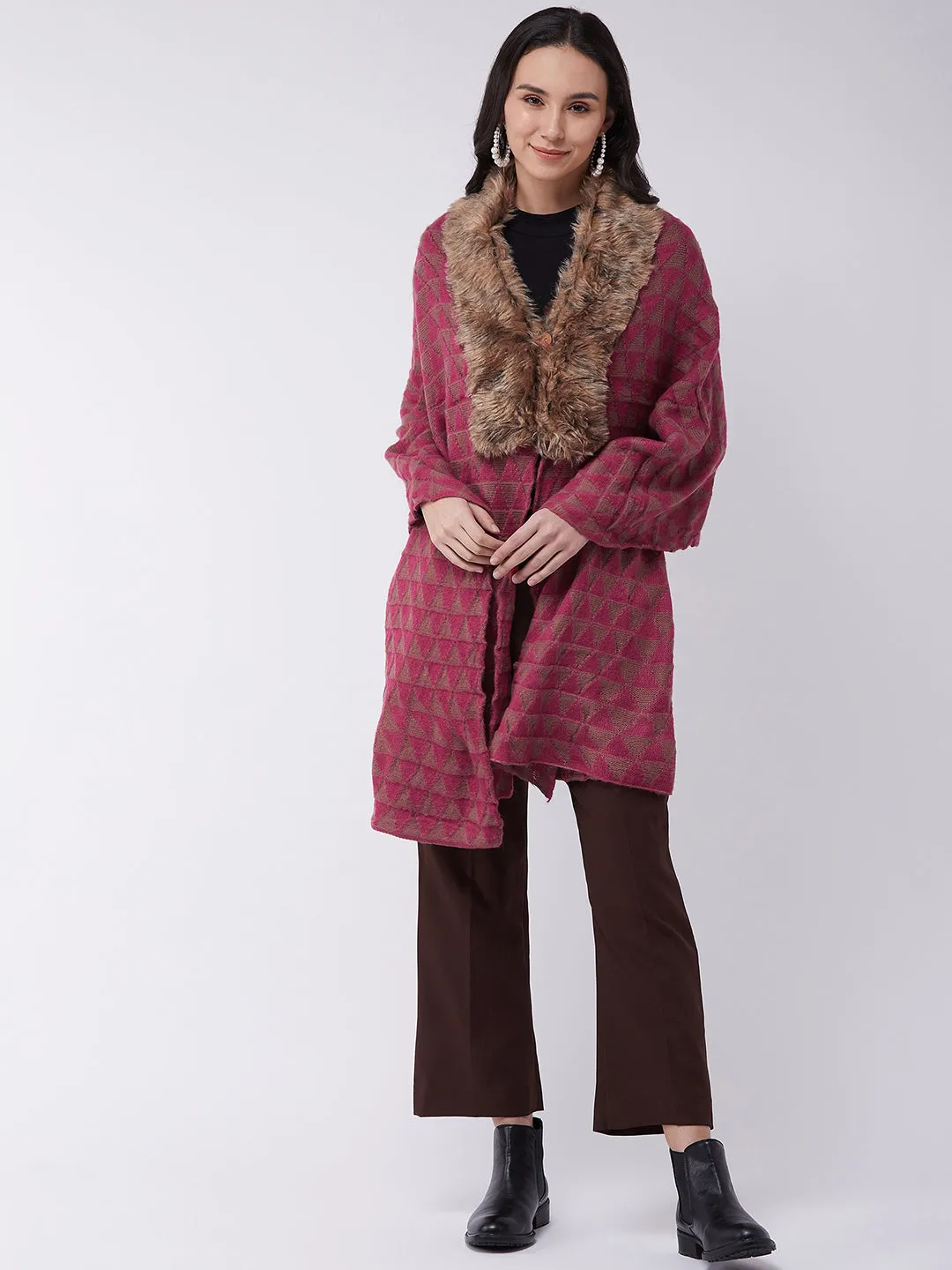 Pink Geometric Faux Fur Cape