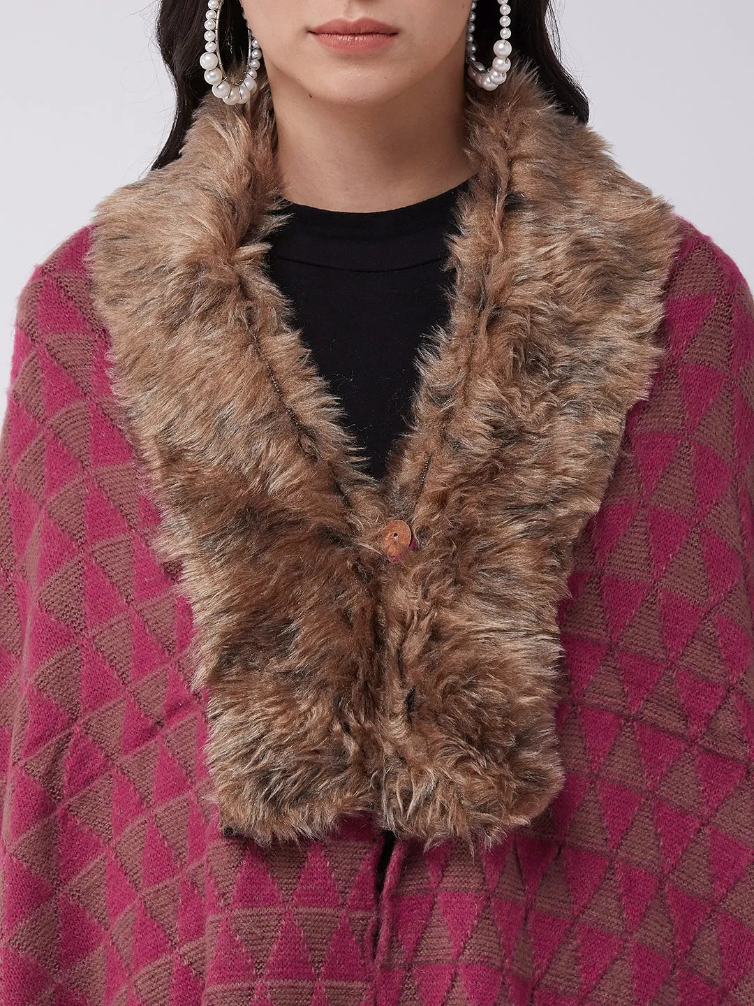 Pink Geometric Faux Fur Cape