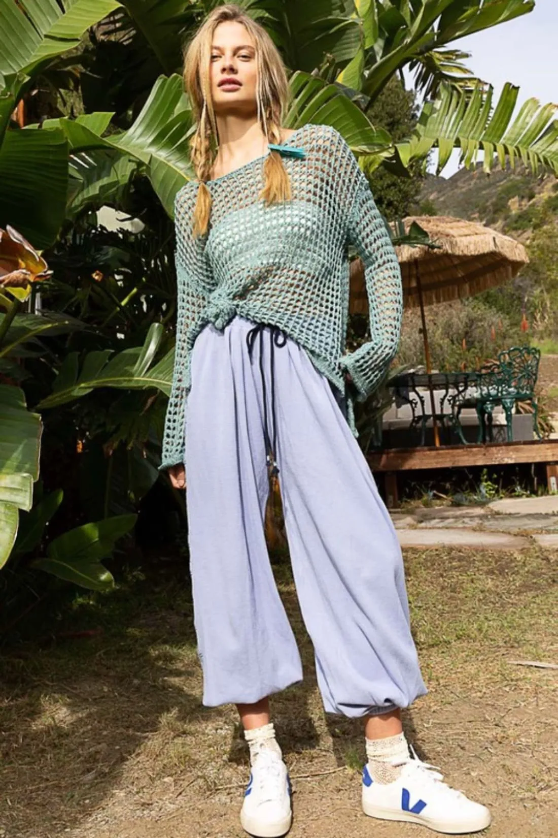 POL Side Slit Openwork Long Sleeve Knit Cover Up in Teal