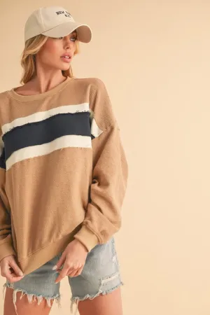 Raw Hem Contrast Striped Dolman Sleeve Sweatshirt