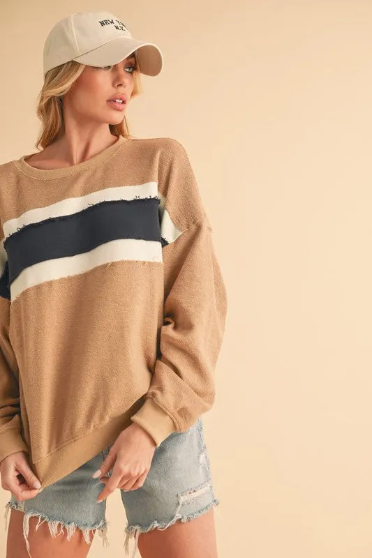 Raw Hem Contrast Striped Dolman Sleeve Sweatshirt