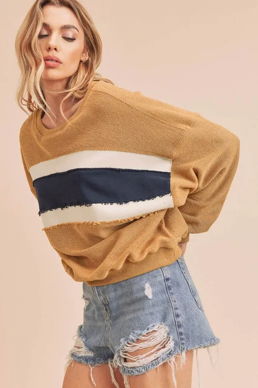 Raw Hem Contrast Striped Dolman Sleeve Sweatshirt