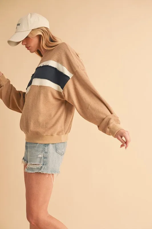 Raw Hem Contrast Striped Dolman Sleeve Sweatshirt