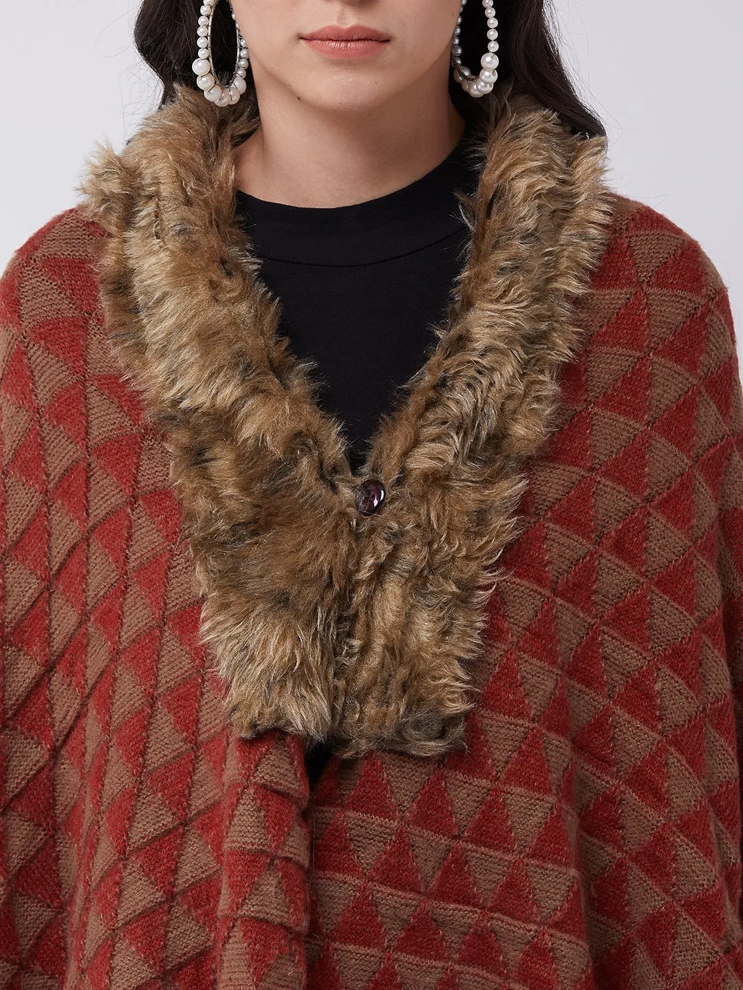 Red Geometric Faux Fur Cape