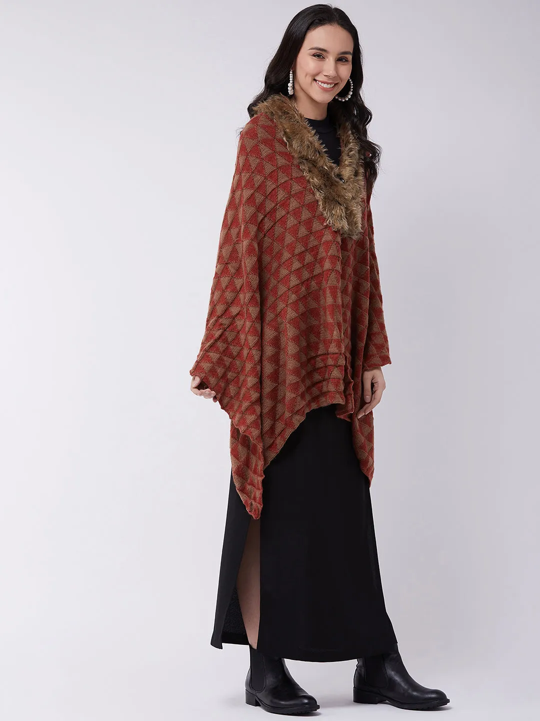 Red Geometric Faux Fur Cape