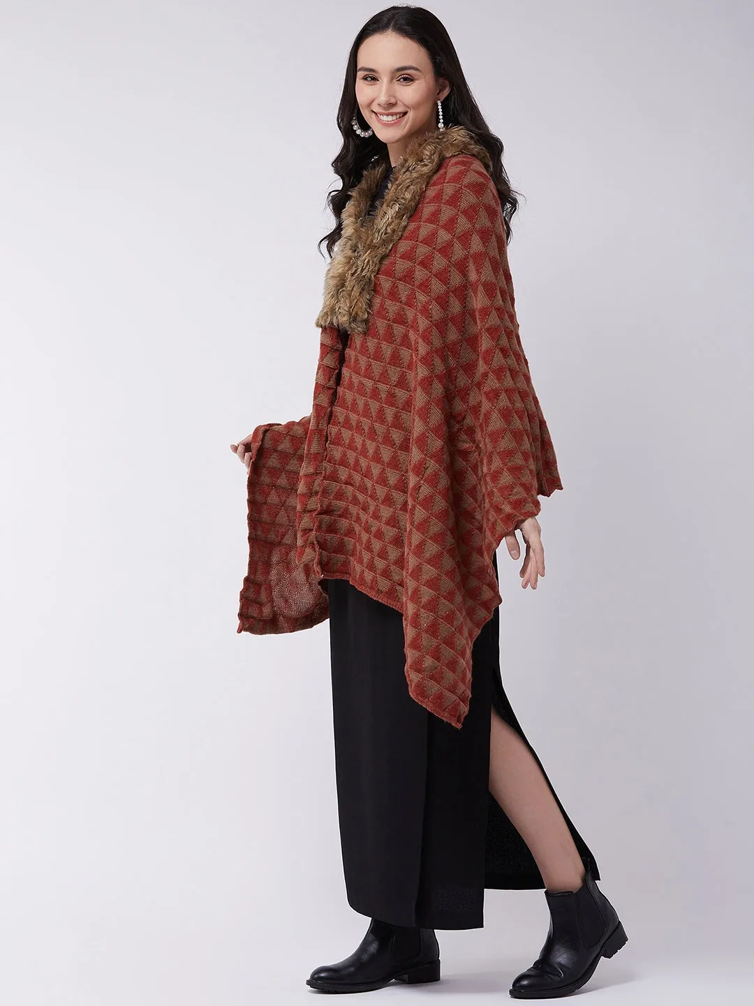 Red Geometric Faux Fur Cape