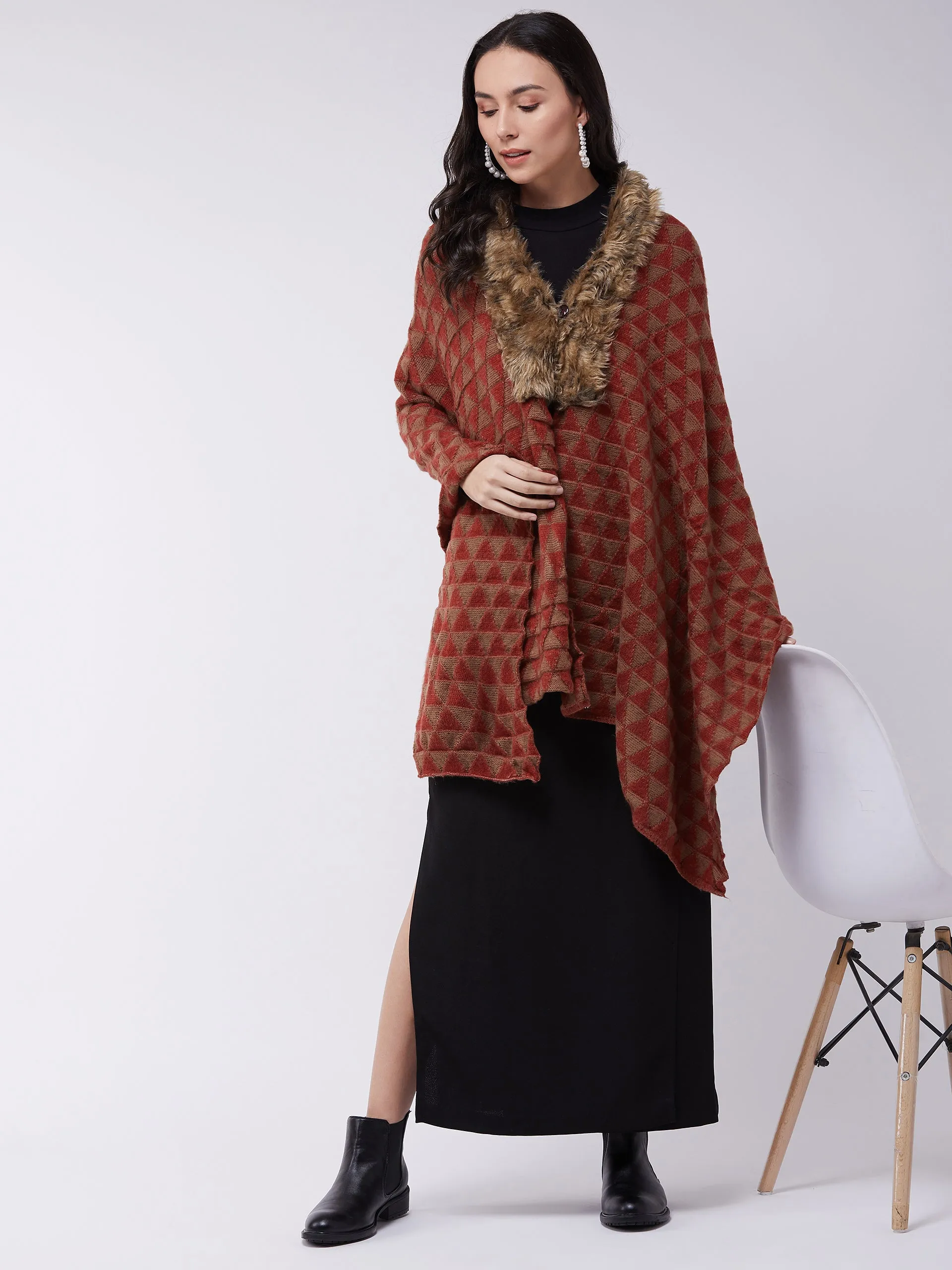 Red Geometric Faux Fur Cape