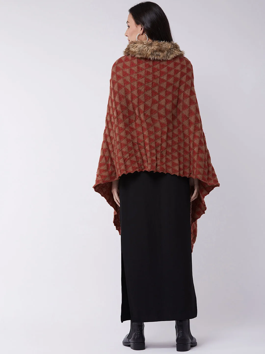 Red Geometric Faux Fur Cape