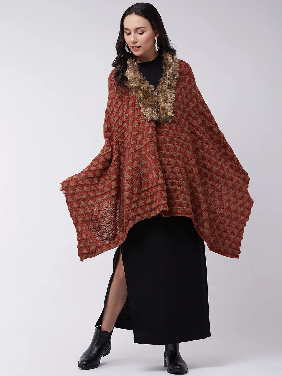 Red Geometric Faux Fur Cape