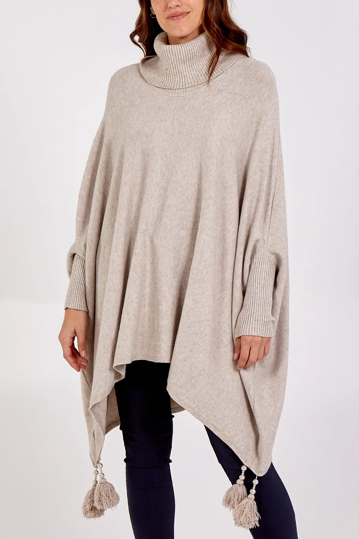 Roll Neck Tassel Poncho Style Jumper