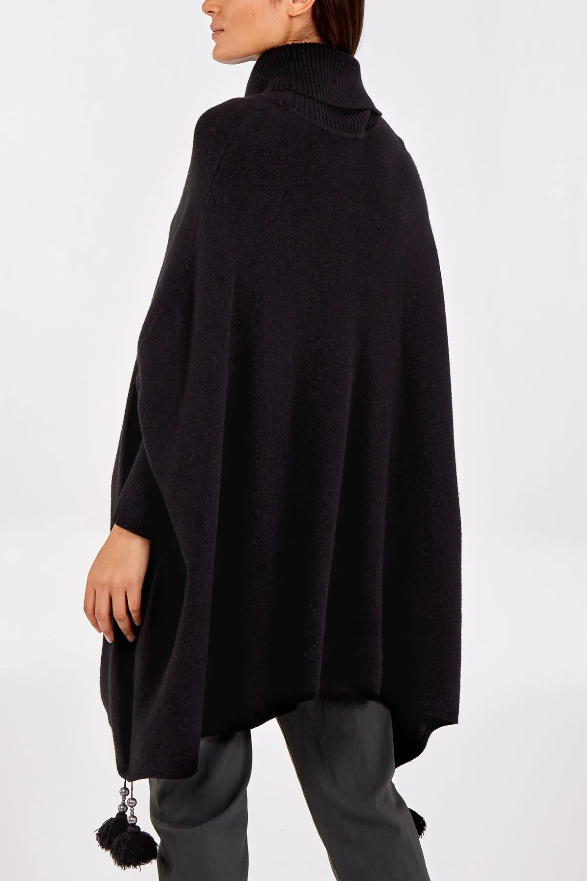 Roll Neck Tassel Poncho Style Jumper