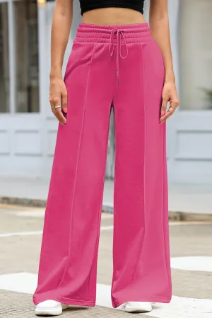 Rose Red Terry Knit Drawstring Smocked Waist Wide Leg Sweatpants