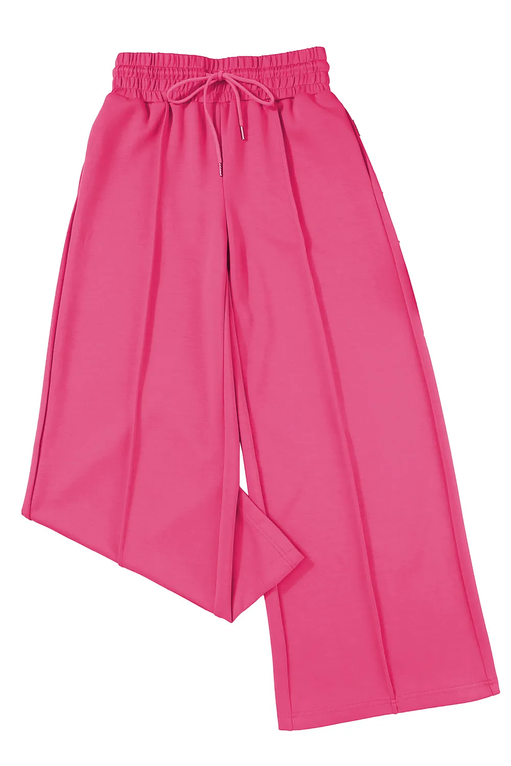 Rose Red Terry Knit Drawstring Smocked Waist Wide Leg Sweatpants