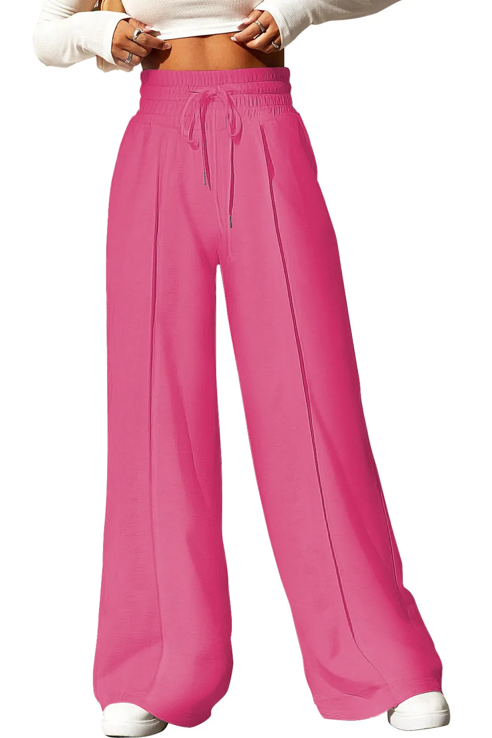 Rose Red Terry Knit Drawstring Smocked Waist Wide Leg Sweatpants