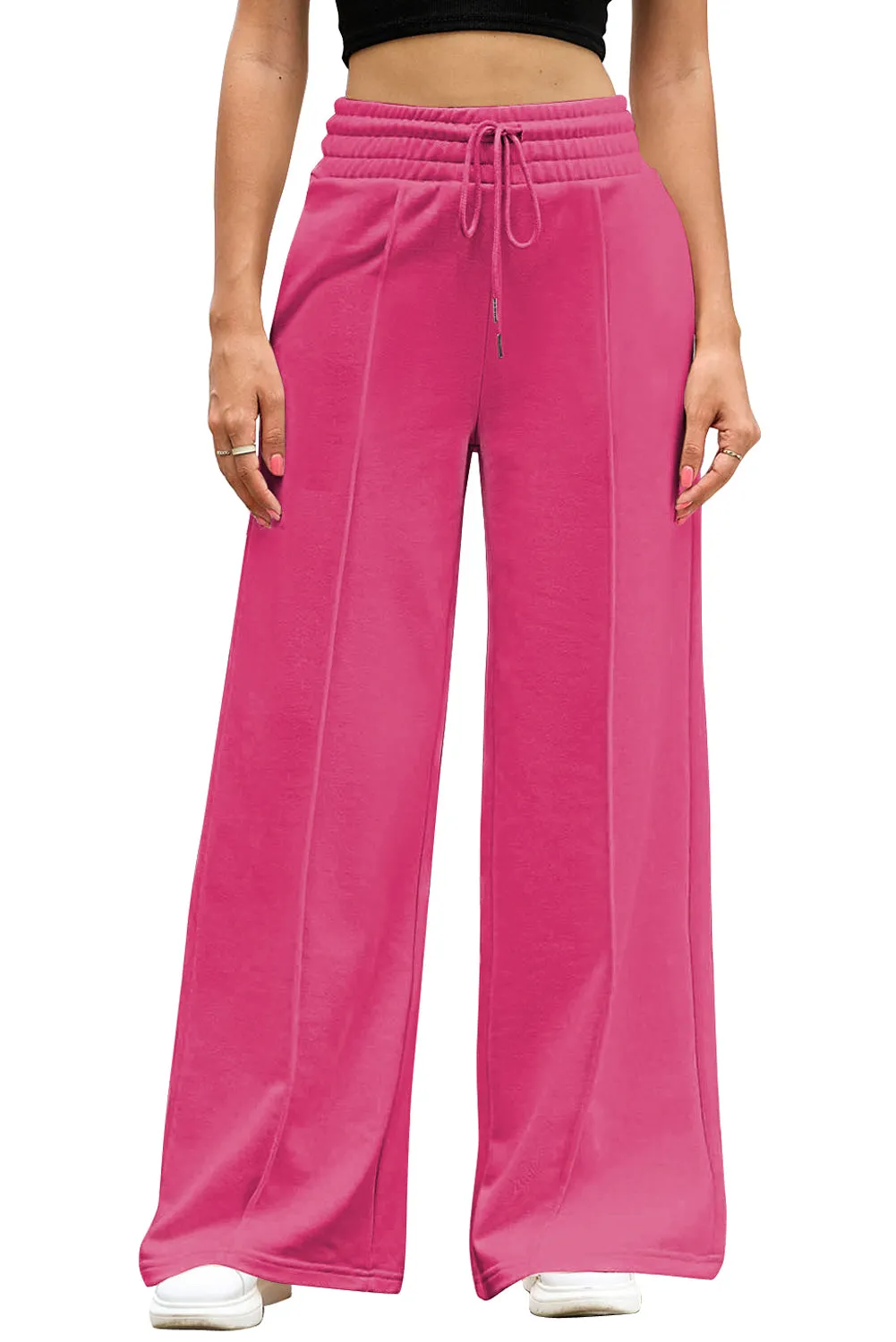 Rose Red Terry Knit Drawstring Smocked Waist Wide Leg Sweatpants