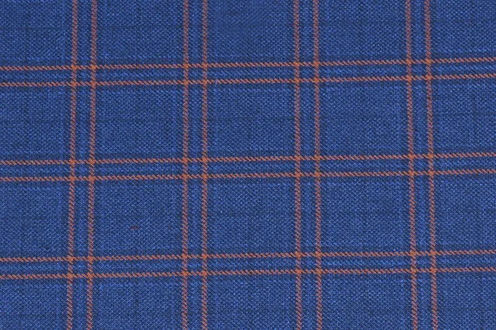 Sapphire Blue Tweed Fabric with Orange Big Checks ( 2 Meter Cut Piece)