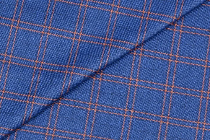 Sapphire Blue Tweed Fabric with Orange Big Checks ( 2 Meter Cut Piece)