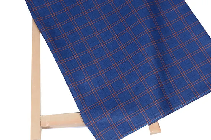 Sapphire Blue Tweed Fabric with Orange Big Checks ( 2 Meter Cut Piece)