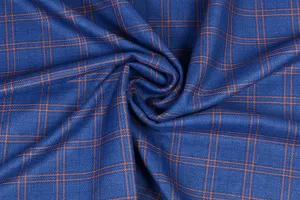 Sapphire Blue Tweed Fabric with Orange Big Checks ( 2 Meter Cut Piece)