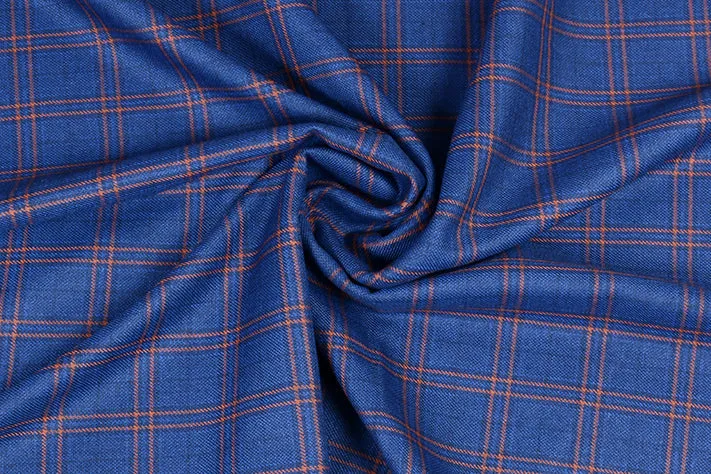 Sapphire Blue Tweed Fabric with Orange Big Checks ( 2 Meter Cut Piece)
