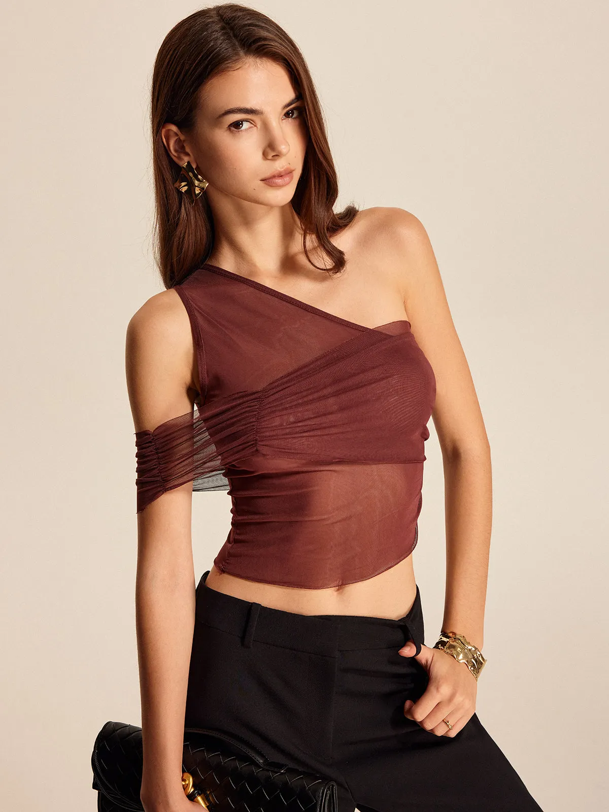 Semi-Sheer One-Shoulder Mesh Top