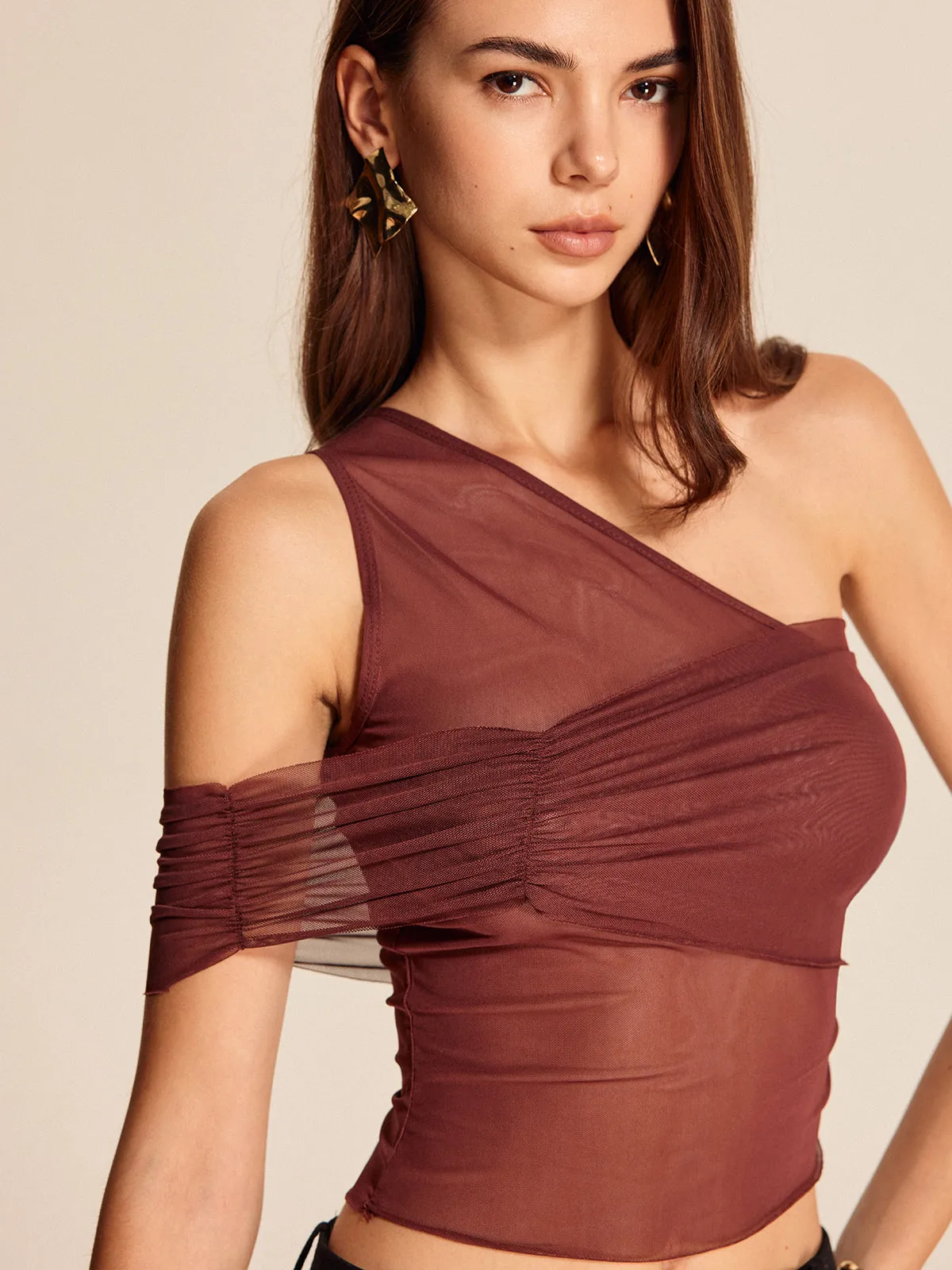 Semi-Sheer One-Shoulder Mesh Top