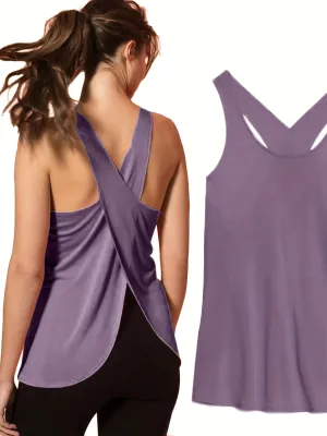 Solid Wrap Back Sports Tank Tops Sleeveless Breathable Asymmetrical Hem Fit