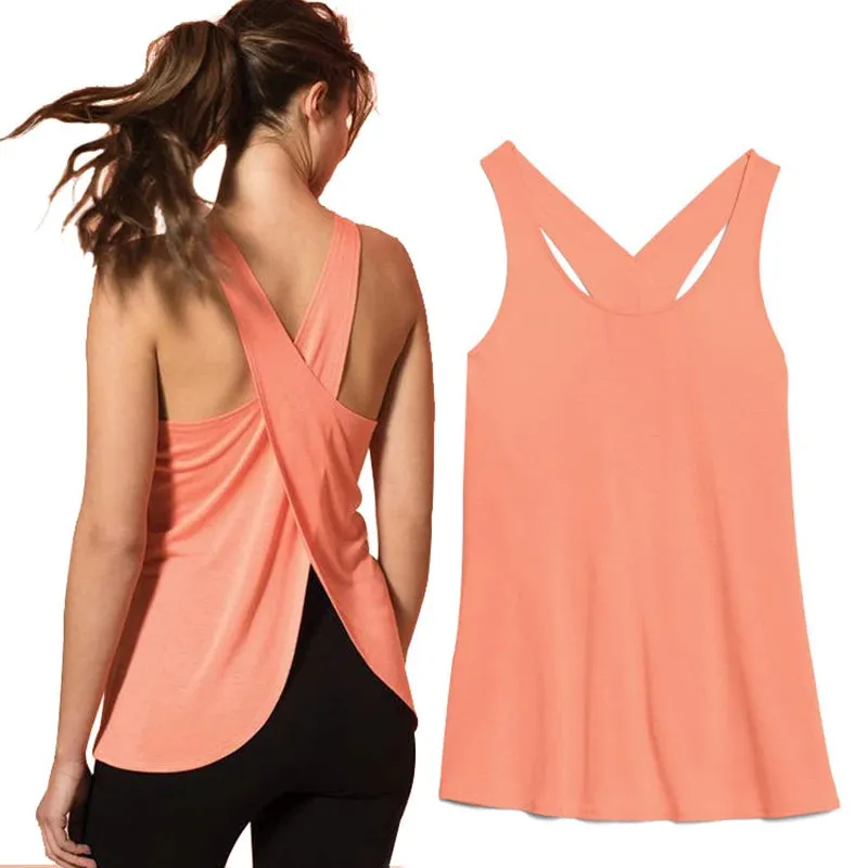 Solid Wrap Back Sports Tank Tops Sleeveless Breathable Asymmetrical Hem Fit