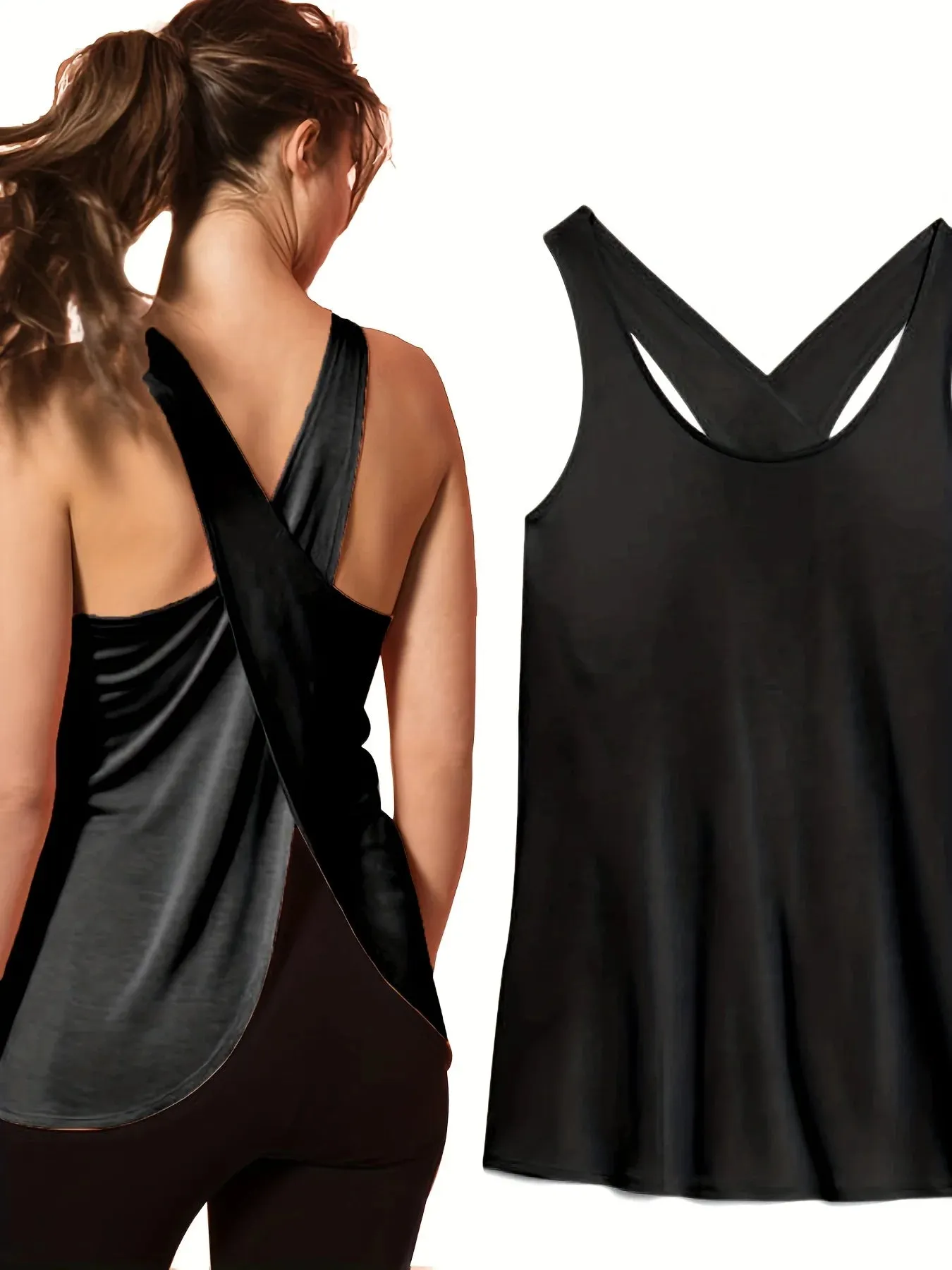 Solid Wrap Back Sports Tank Tops Sleeveless Breathable Asymmetrical Hem Fit