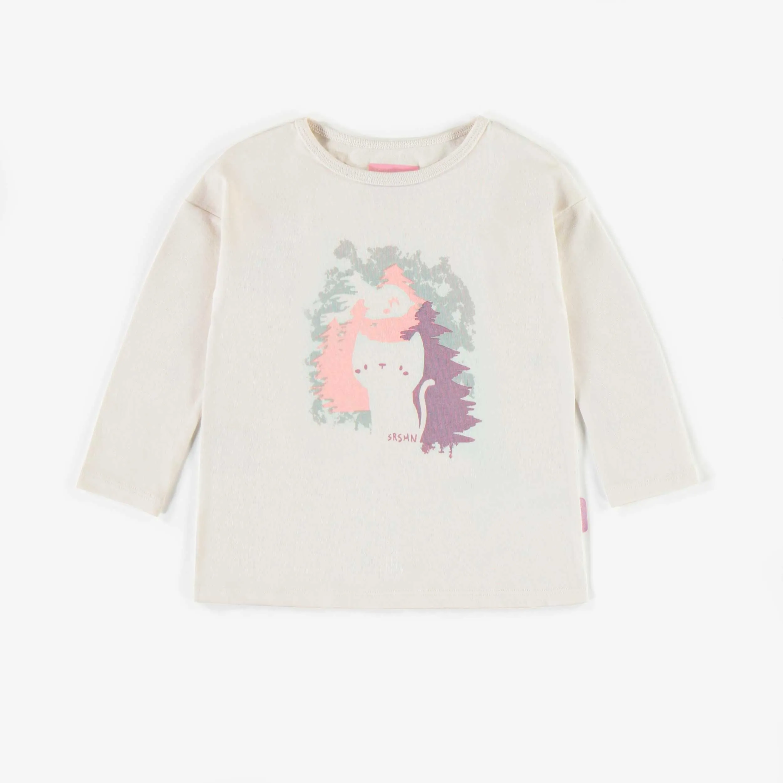 T-shirt crème chaton et oiseau, bébé  || Cream t-shirt kitten and bird, baby