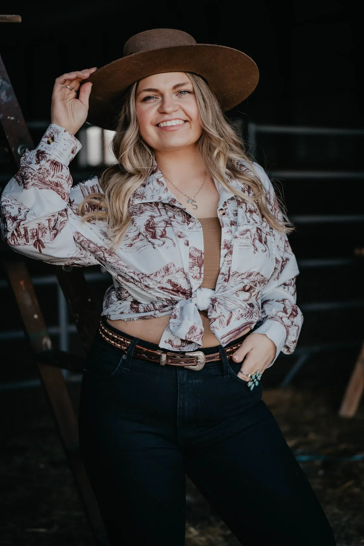 'Trail Blazin' Wild West Printed Button Up Shirt (L ONLY)