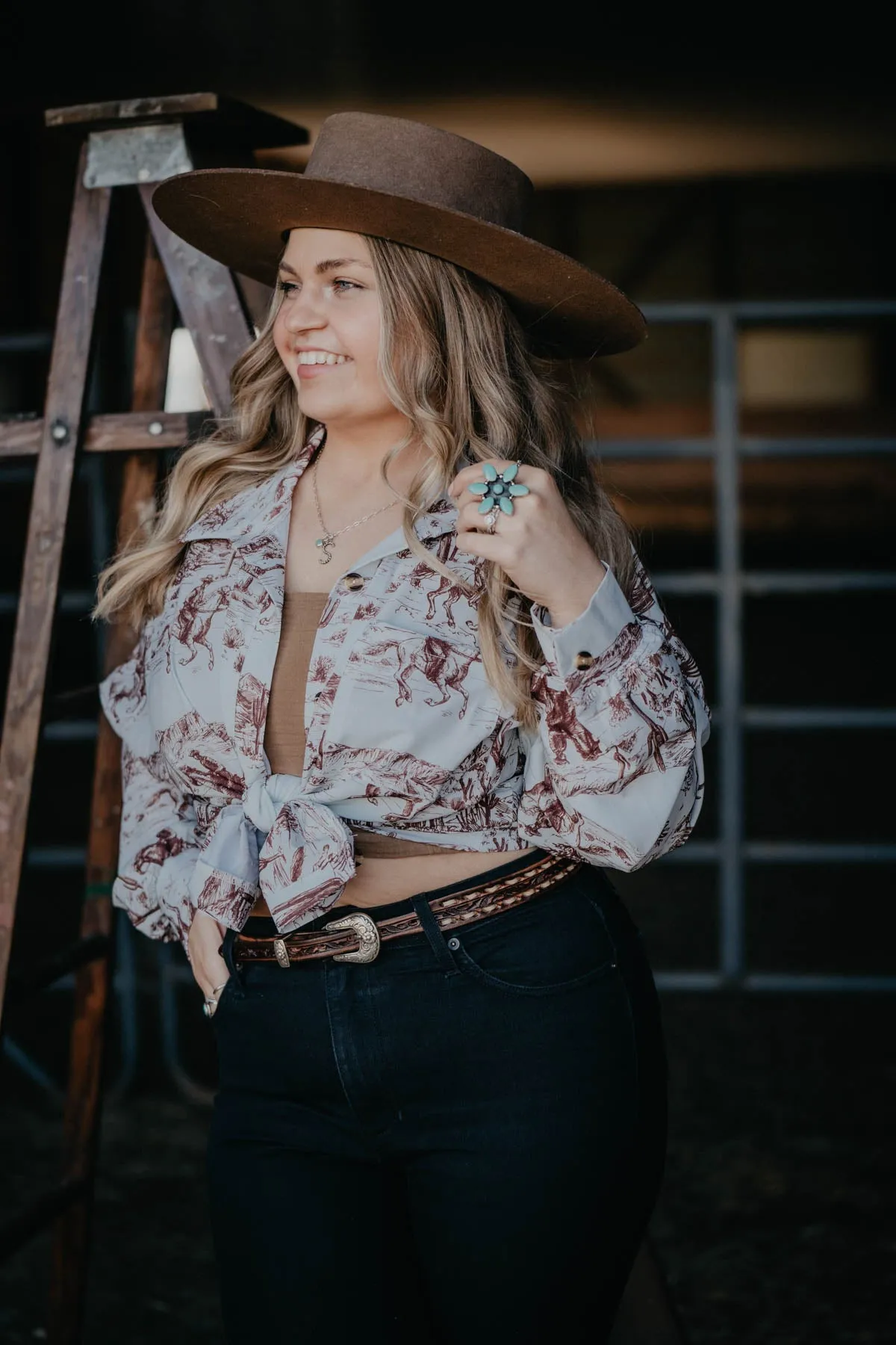 'Trail Blazin' Wild West Printed Button Up Shirt (L ONLY)