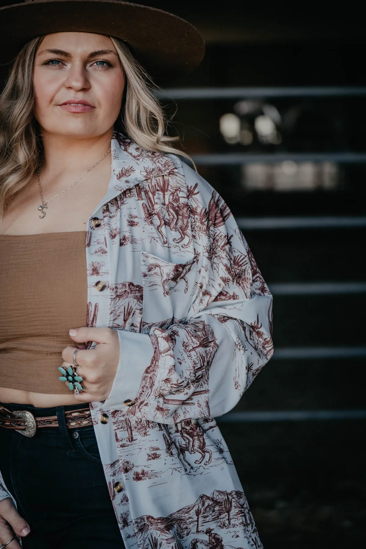 'Trail Blazin' Wild West Printed Button Up Shirt (L ONLY)