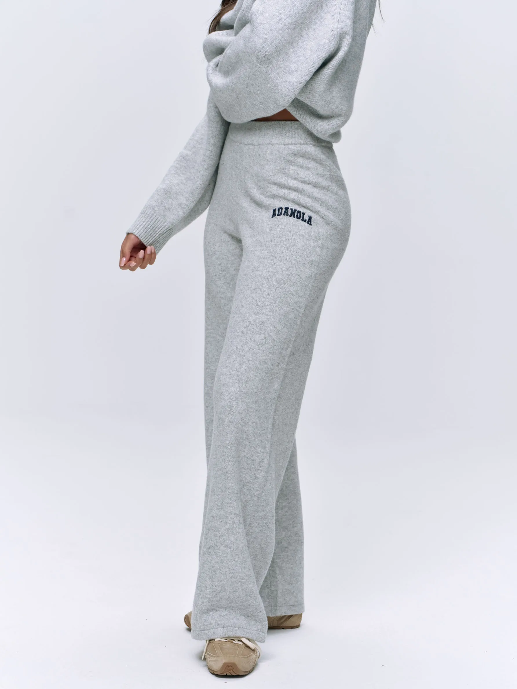Varsity Knit Straight Leg Sweatpants - Light Grey Melange/Navy Blue
