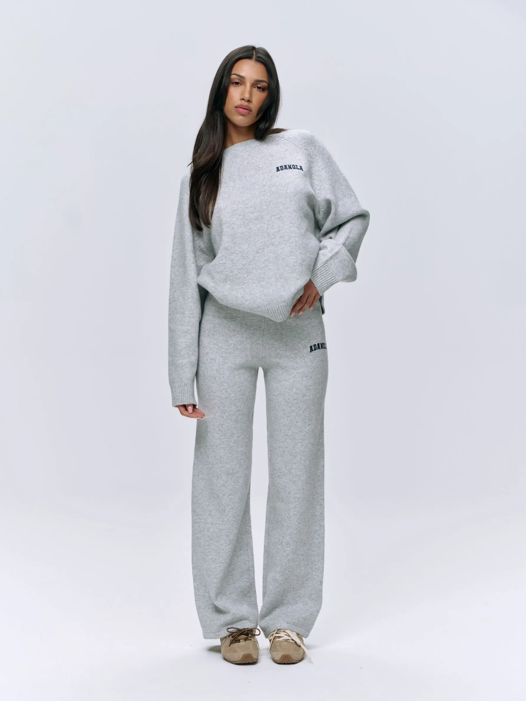 Varsity Knit Straight Leg Sweatpants - Light Grey Melange/Navy Blue