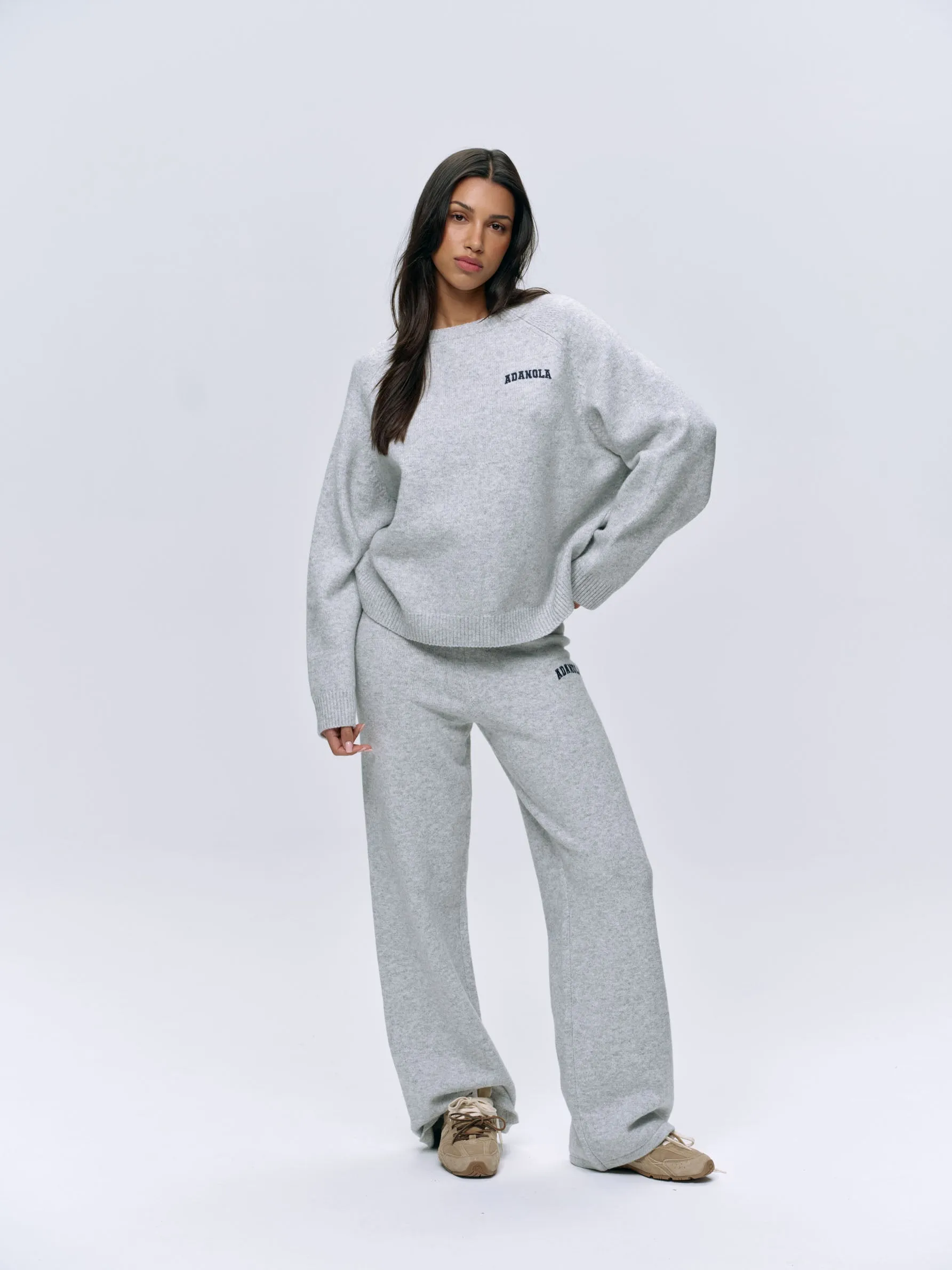 Varsity Knit Straight Leg Sweatpants - Light Grey Melange/Navy Blue