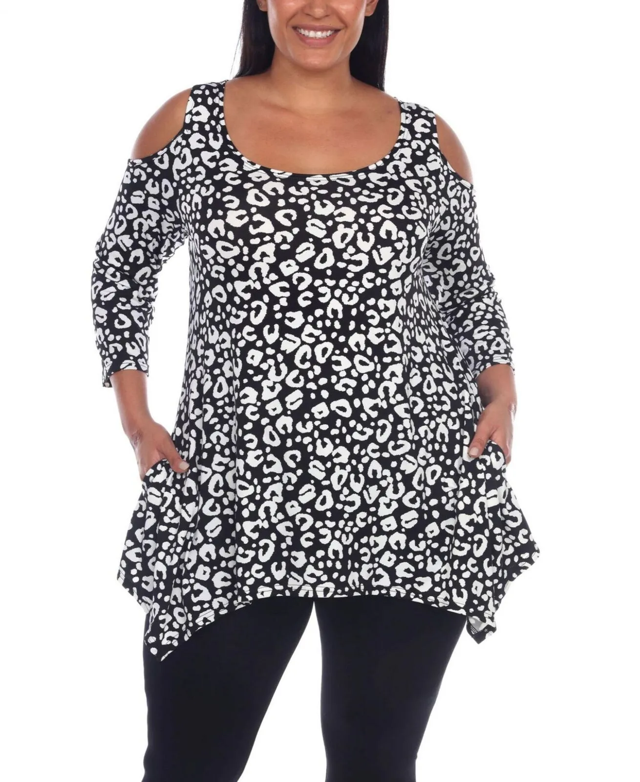 White Mark Womens Plus Size Leopard Cold Shoulder Tunic Top PS1305-LEOPARD