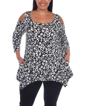 White Mark Womens Plus Size Leopard Cold Shoulder Tunic Top PS1305-LEOPARD