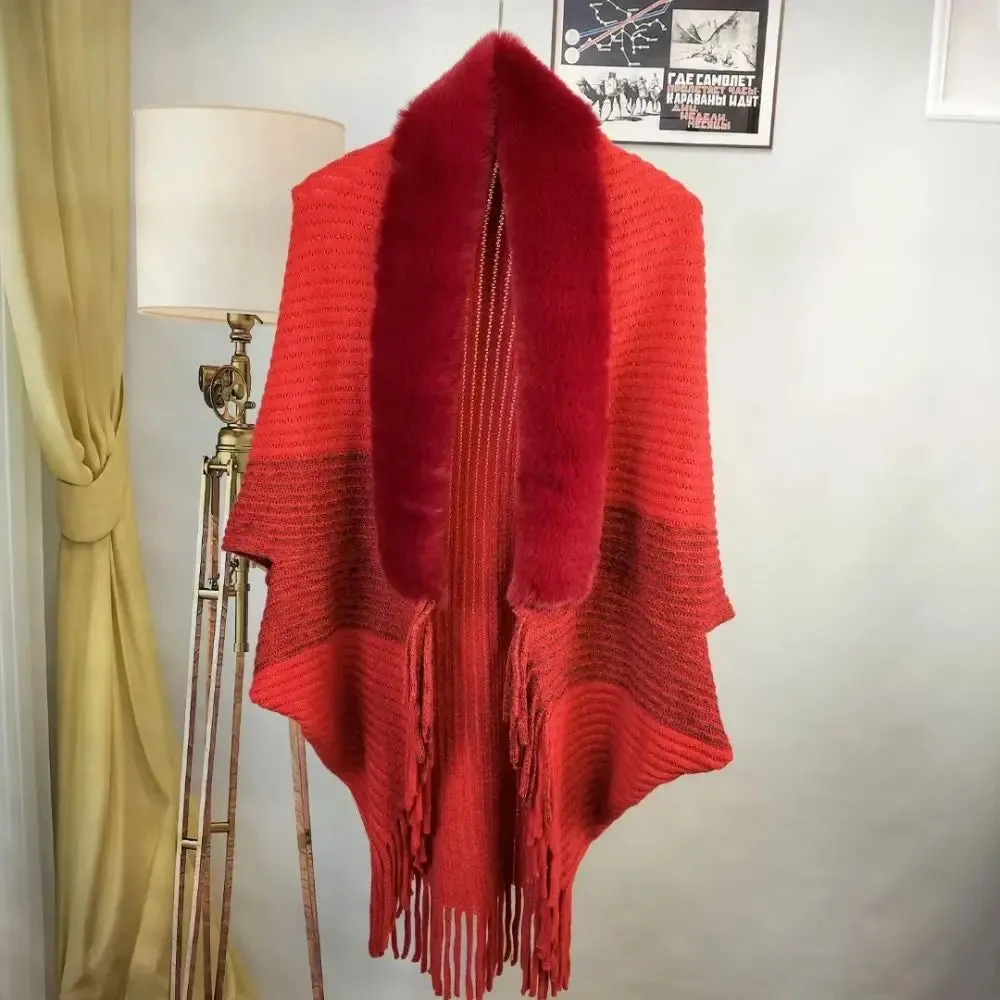Women Winter Knitted Shawl With Faux Fur Collar Ponchos