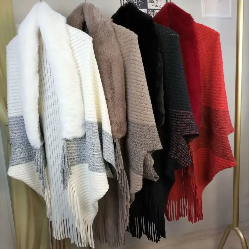 Women Winter Knitted Shawl With Faux Fur Collar Ponchos