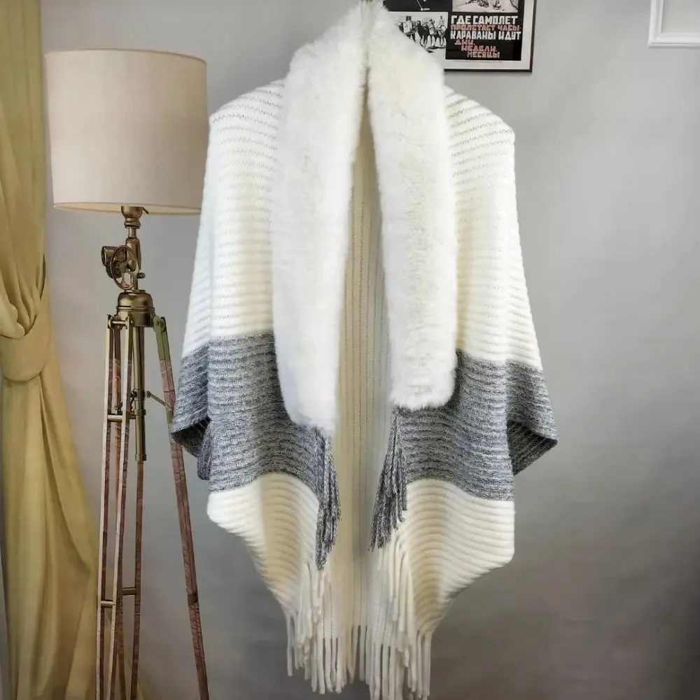 Women Winter Knitted Shawl With Faux Fur Collar Ponchos