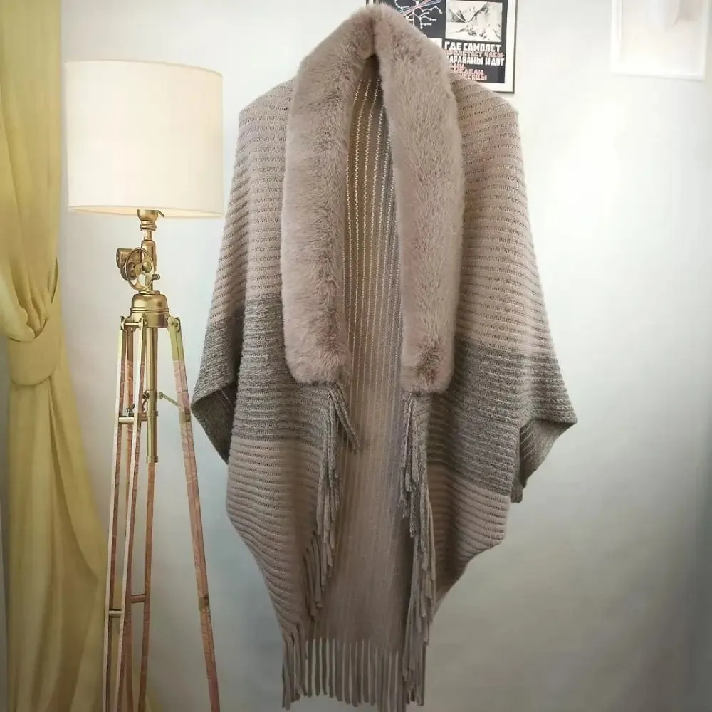 Women Winter Knitted Shawl With Faux Fur Collar Ponchos