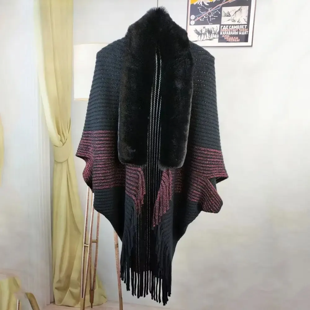Women Winter Knitted Shawl With Faux Fur Collar Ponchos