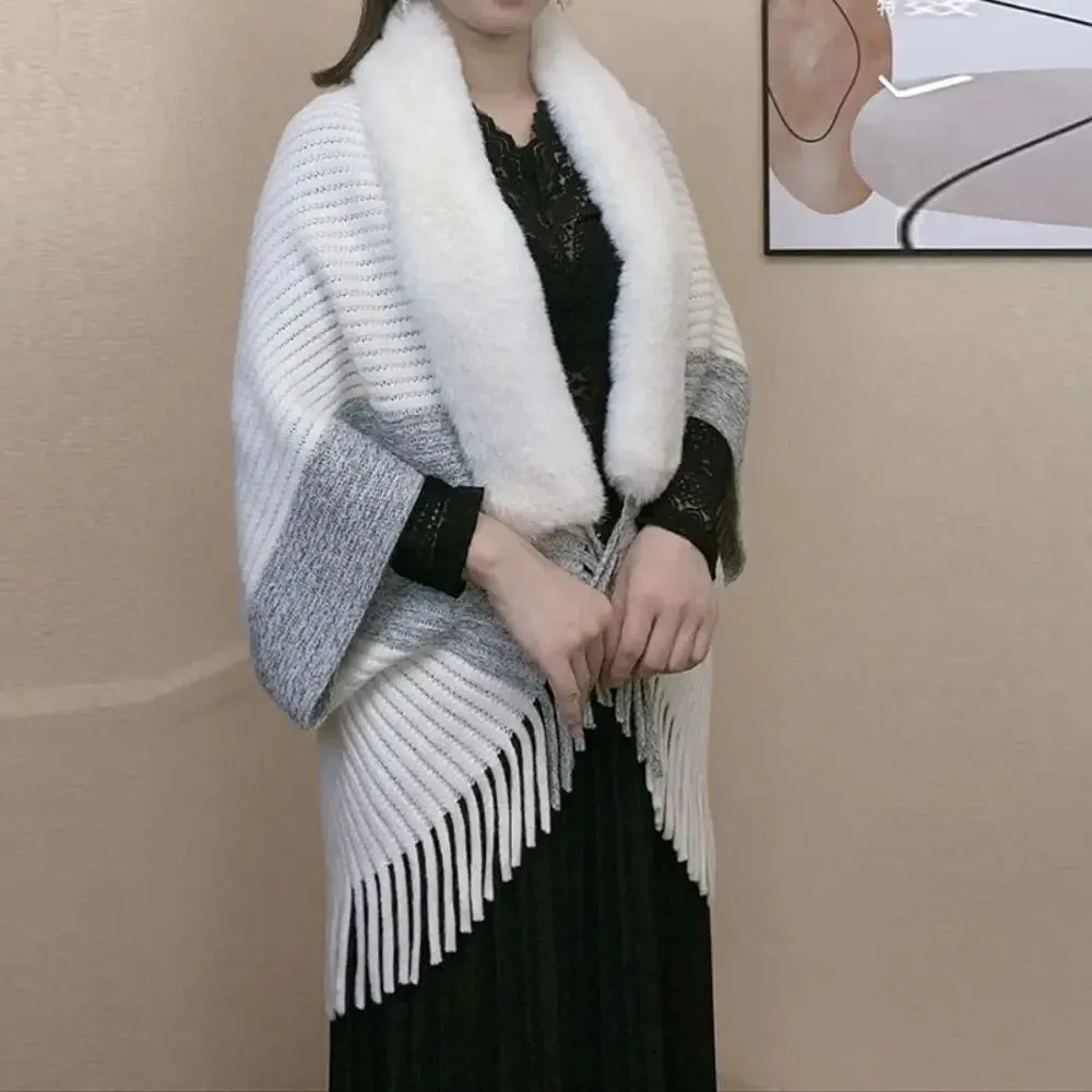 Women Winter Knitted Shawl With Faux Fur Collar Ponchos