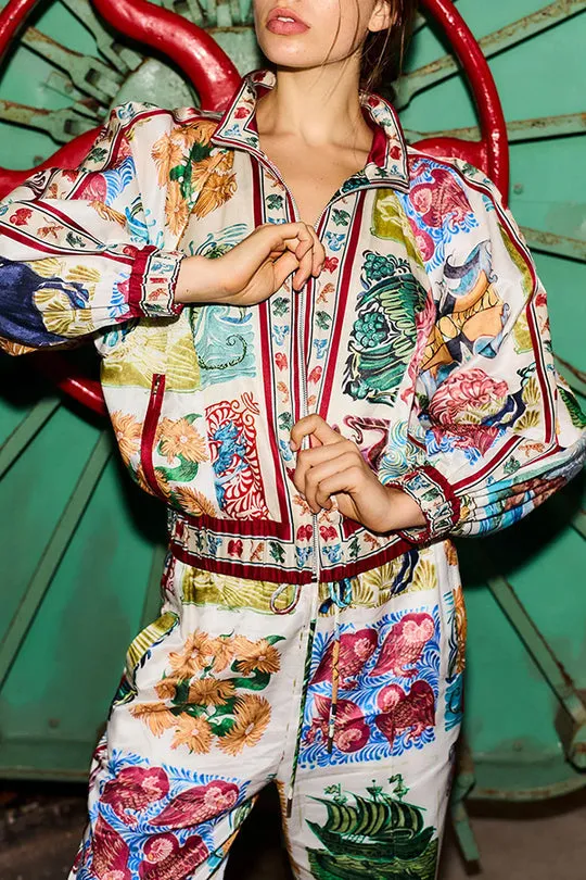 Wond A Land Unique Print Zipper Pocketed Balloon Sleeve Bomber Jacket